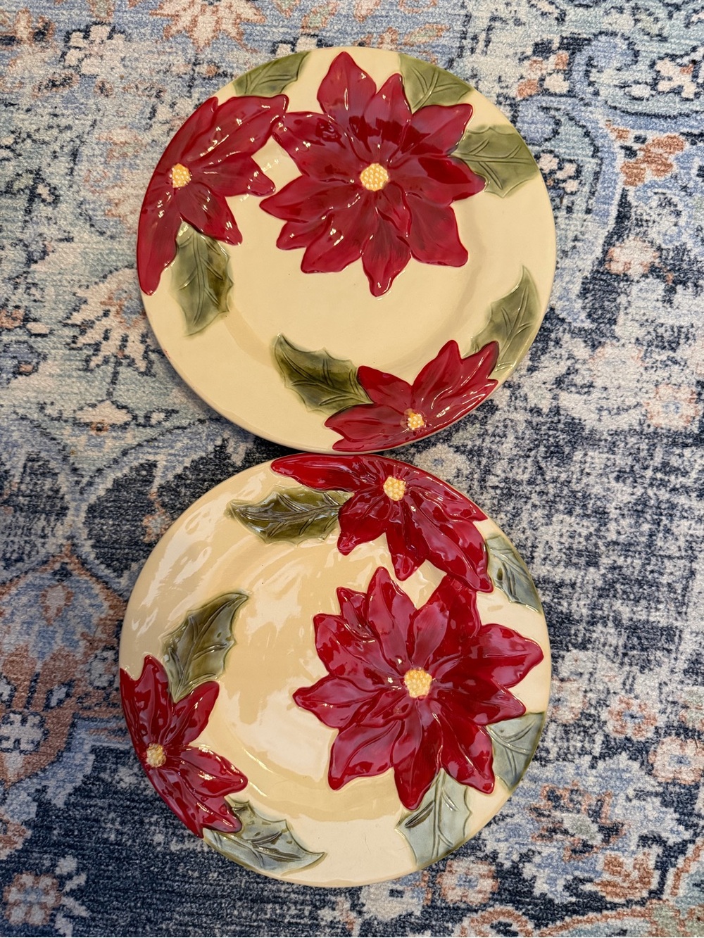 Poinsettia Ceramic Dinner Plates - Red & Green Holiday Set (2)
